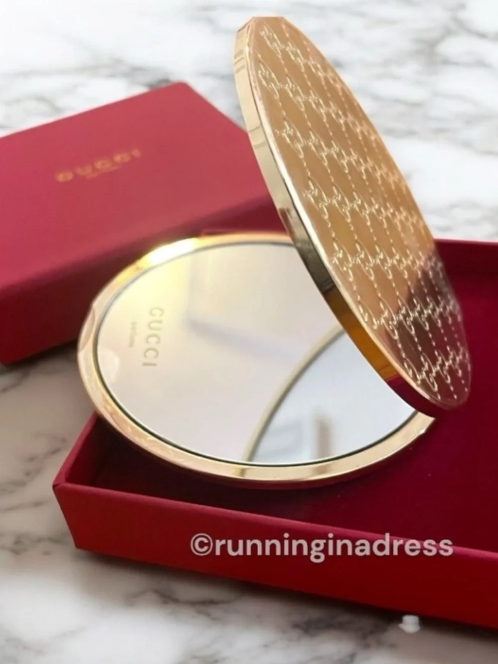 NIB Gucci Parfums Gold Embossed Monogram Compact Double Makeup Pocket Mirror